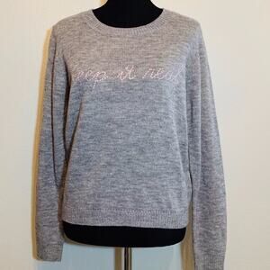 Lea & Viola Keep It Real embroidered gray & pink sweater size Medium